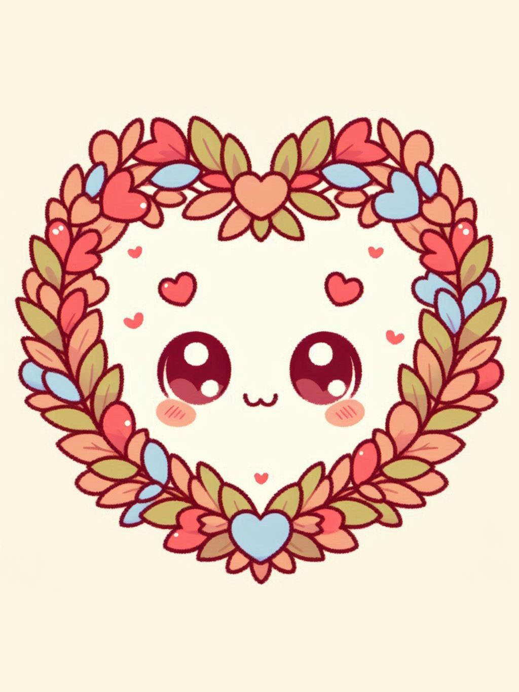 thanksgiving love drawing ideas featuring a heart-shaped leaf wreath with colorful leaves and a smiling face.